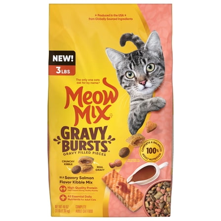 Meow Mix Gravy Bursts, Savory Salmon Flavor Kibble Mix, Gravy Filled Dry Cat Food, 3 lb. Bag