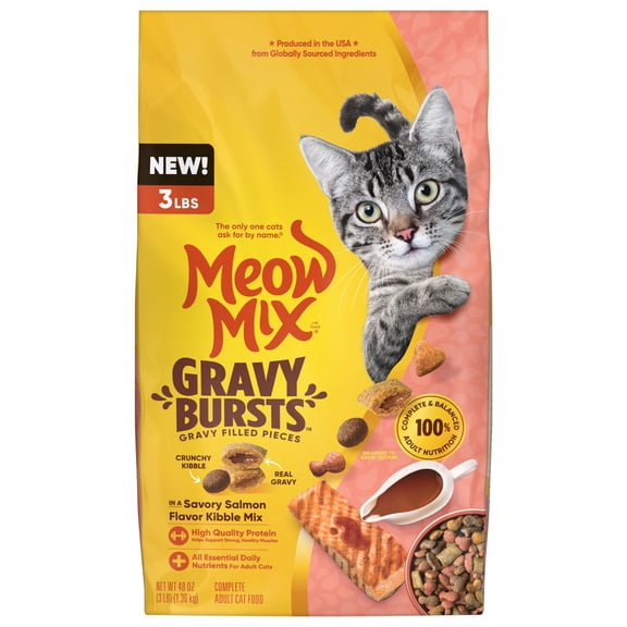 Meow Mix Gravy Bursts, Savory Salmon Flavor Kibble Mix, Gravy Filled Dry Cat Food, 3 lb. Bag