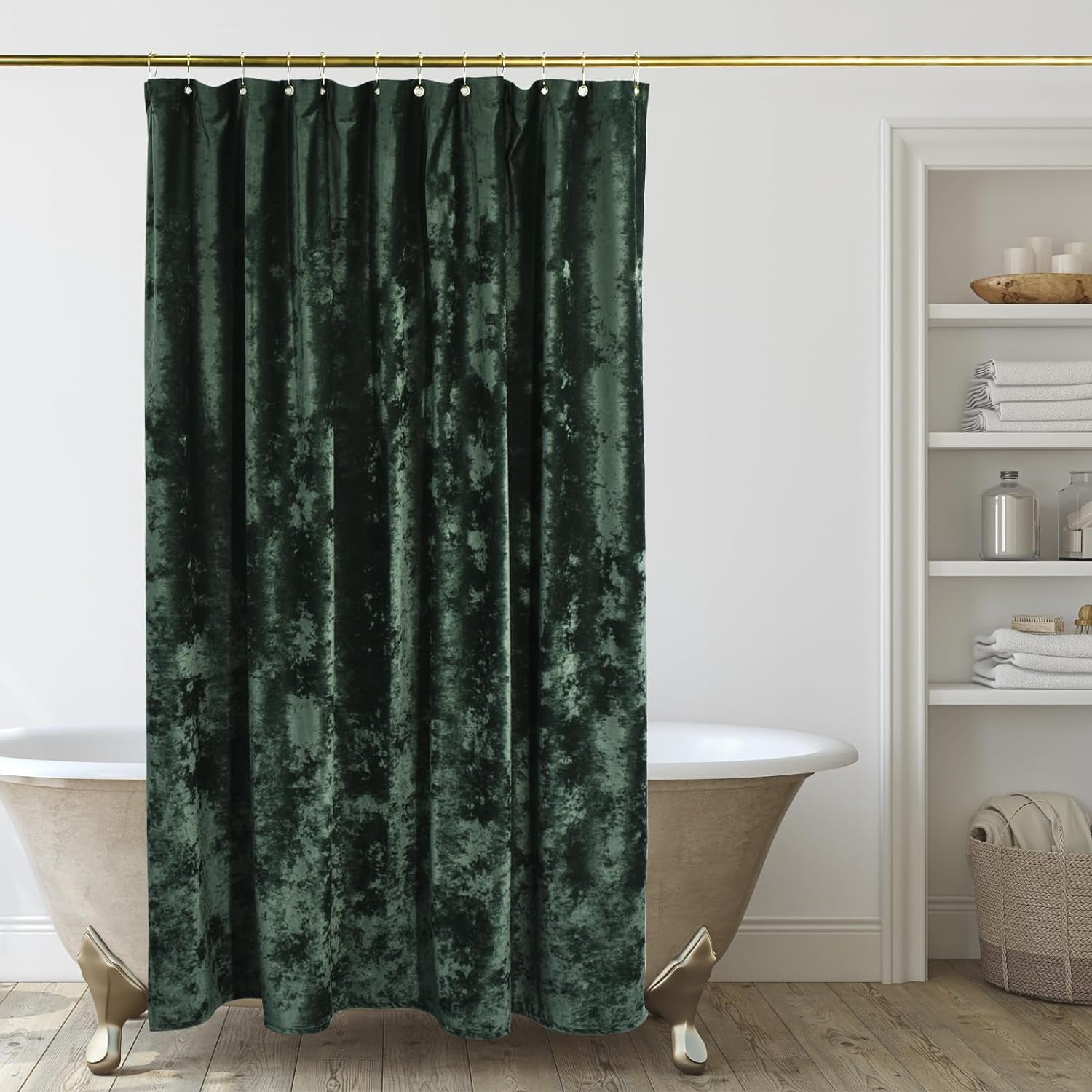 78 inch Shower Curtain, Crushed Velvet Long Shower Curtain Set with 12 Gold Hooks, Waterproof Thick Fabric, Machine Washable, 72W x 78H, Dark Green