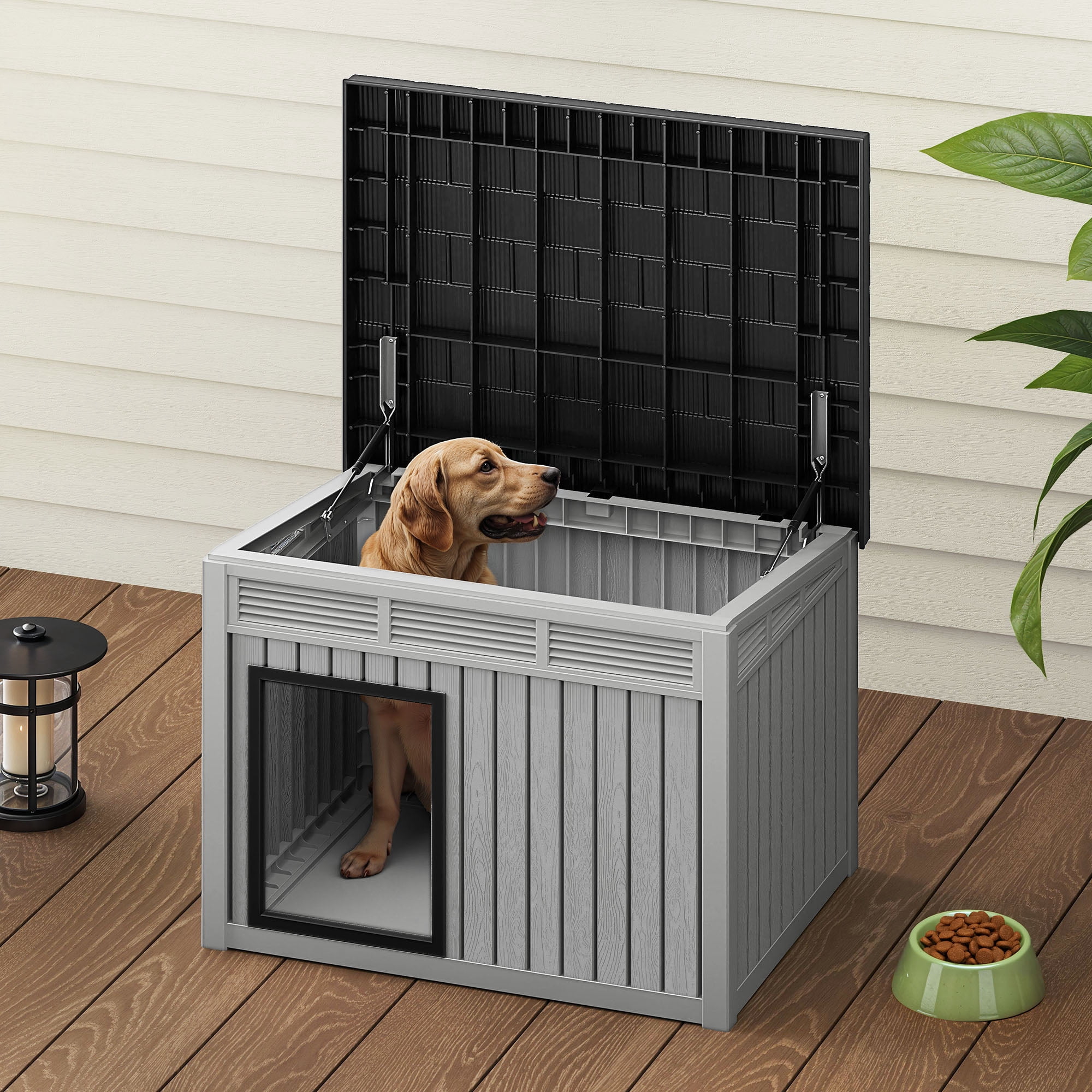 Uforic 32" Plastic Dog House, Outdoor Indoor Dog Kennel with Liftable Roof & Good Ventilation for Medium Dogs, Gray