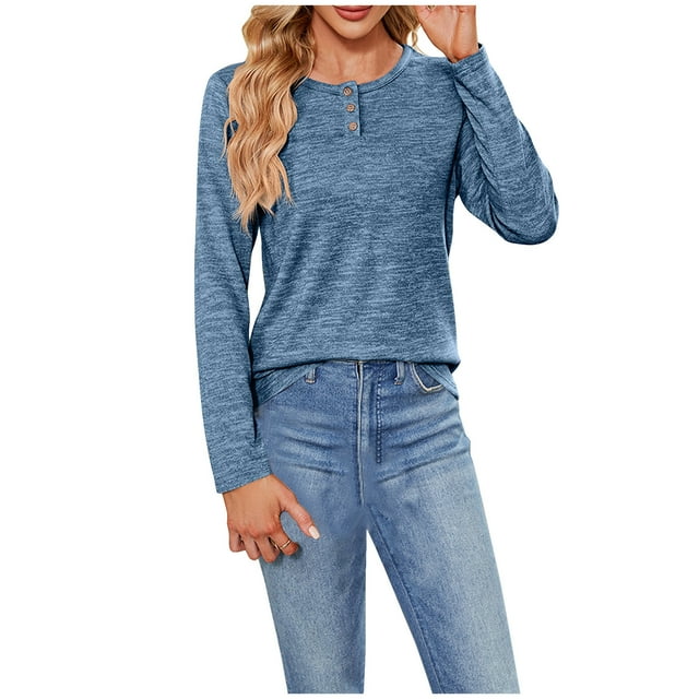 Timegard Long Sleeve Tops for Women Scoop Neck Button Solid Color Comfy Tee Fall Casual Loose Tops
