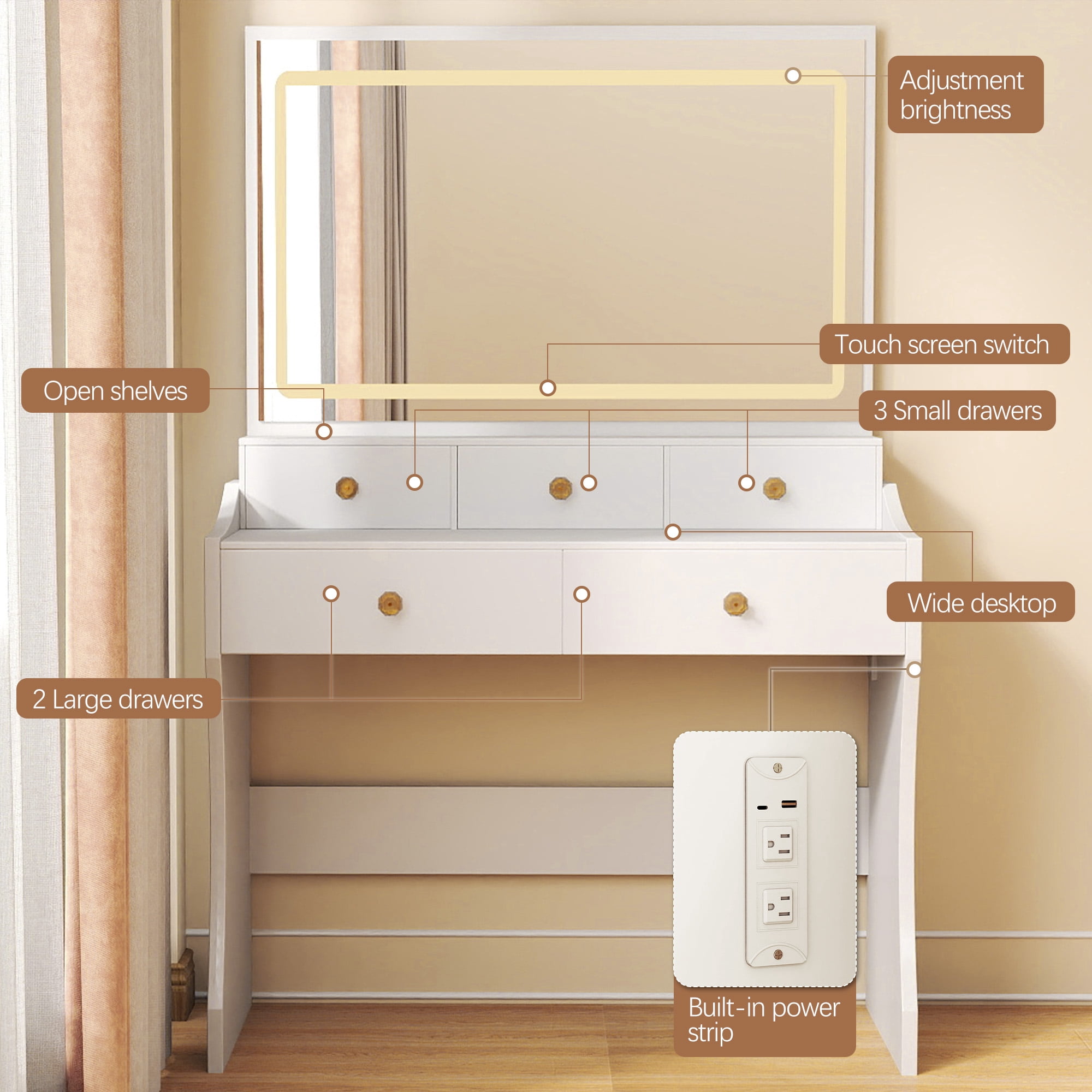 LUCKLIFE White  Vanity Desk with Mirror and Lights, 5 Drawers & Charging Station, Vanity Table and Chair Set