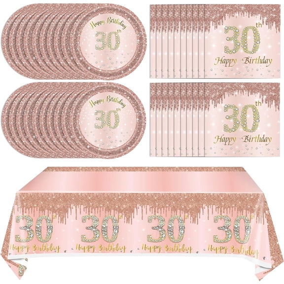 41Pcs 30th Birthday Decorations for Women, Rose Gold Thirty Year Old Birthday Party Supplies Include 20 Plates 20 Napkins and 1 Tablecloth, Pink 30 Aged Birthday Party Tableware