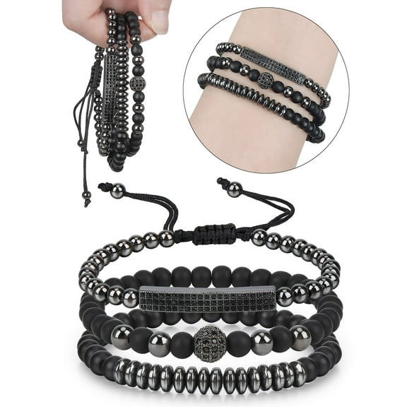 Deago Fashion 3pcs Black Beads Stainless Steel Bracelet Bangle Jewelry Gift Sets for Men Women