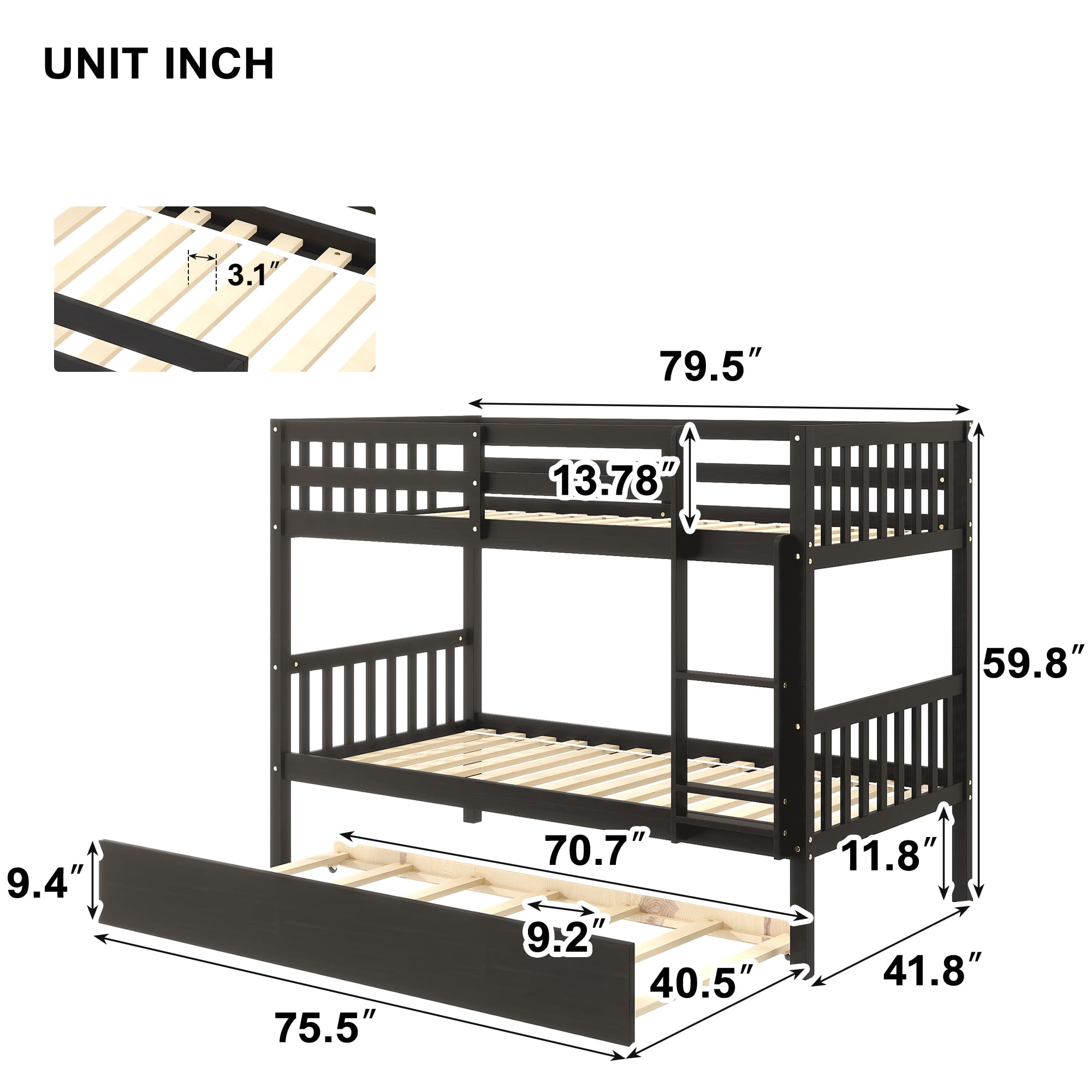 Aukfa Twin over Twin Bunk Bed with Trundle, Wooden Bunk Bed Frame for Kids - Espresso