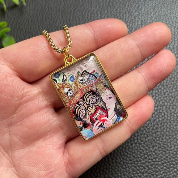 Zakiram Buddha Necklace Double Sided Pendant Golden Thangka Design Tibetan Style Amulet Jewelry for Spiritual Protection