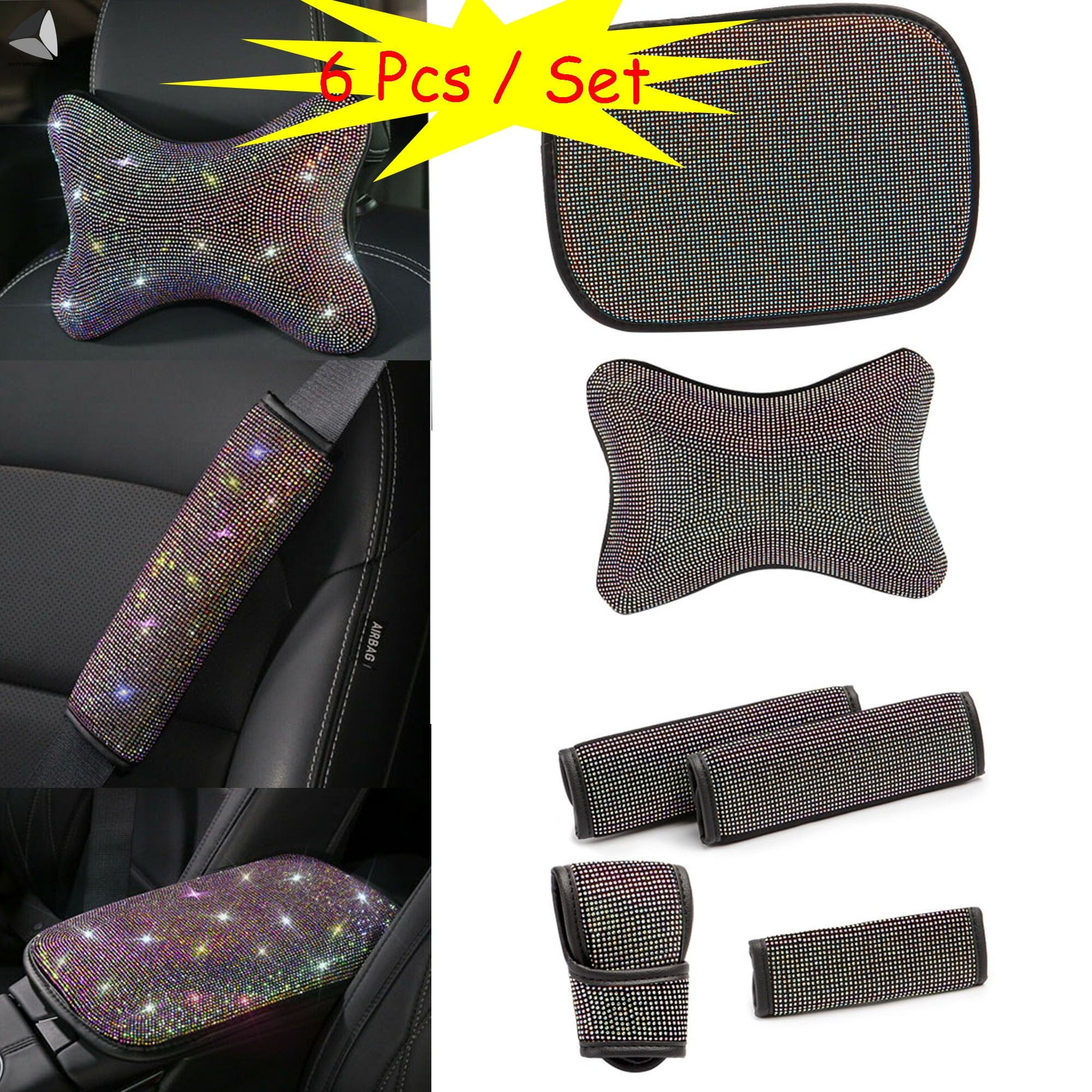 9 Pcs Bling Car Accessories Set for Women, Diamond Steering Wheel Cover,  Rhinestone Center Console Pad Seat Safety Belt Pad Handbrake Cover Gear  Shift