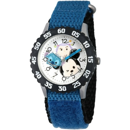 Disney Tsum Tsum Buzz Lightyear, Stitch and Mickey Mouse Boys' Stainless Steel Time Teacher Watch, Black Bezel, Blue Hook-and-Loop Nylon Strap with Black Backing