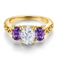thumbnail image 3 of Gem Stone King 18K Yellow Gold Plated Silver White Moissanite and Purple Amethyst Filigree Style 3 Stone Ring for Women (2.40 Cttw, Oval 8X6MM and 6X4MM) (Size 5), 3 of 6