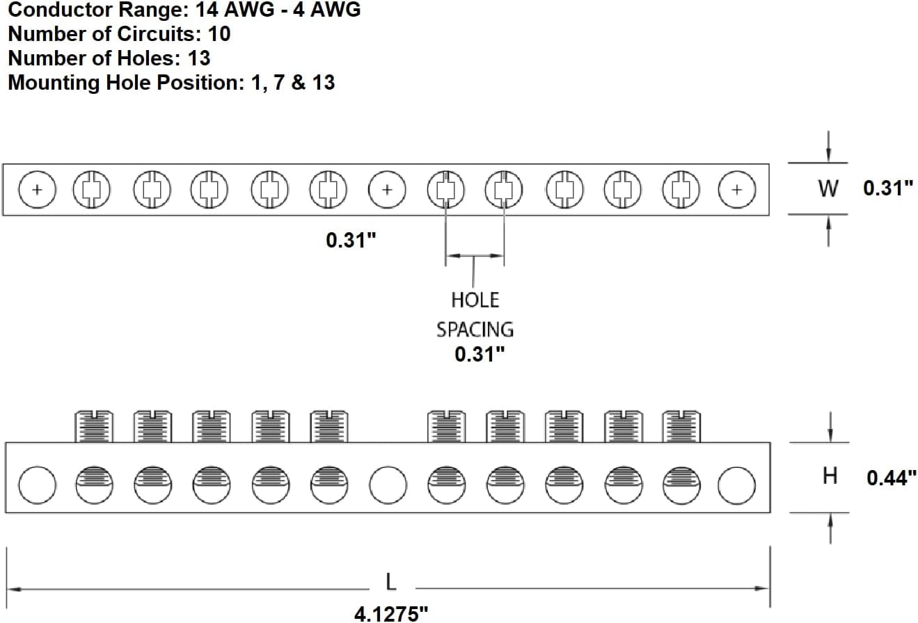 South Bend Components 10 Terminal Ground Bar (Max 4 AWG)