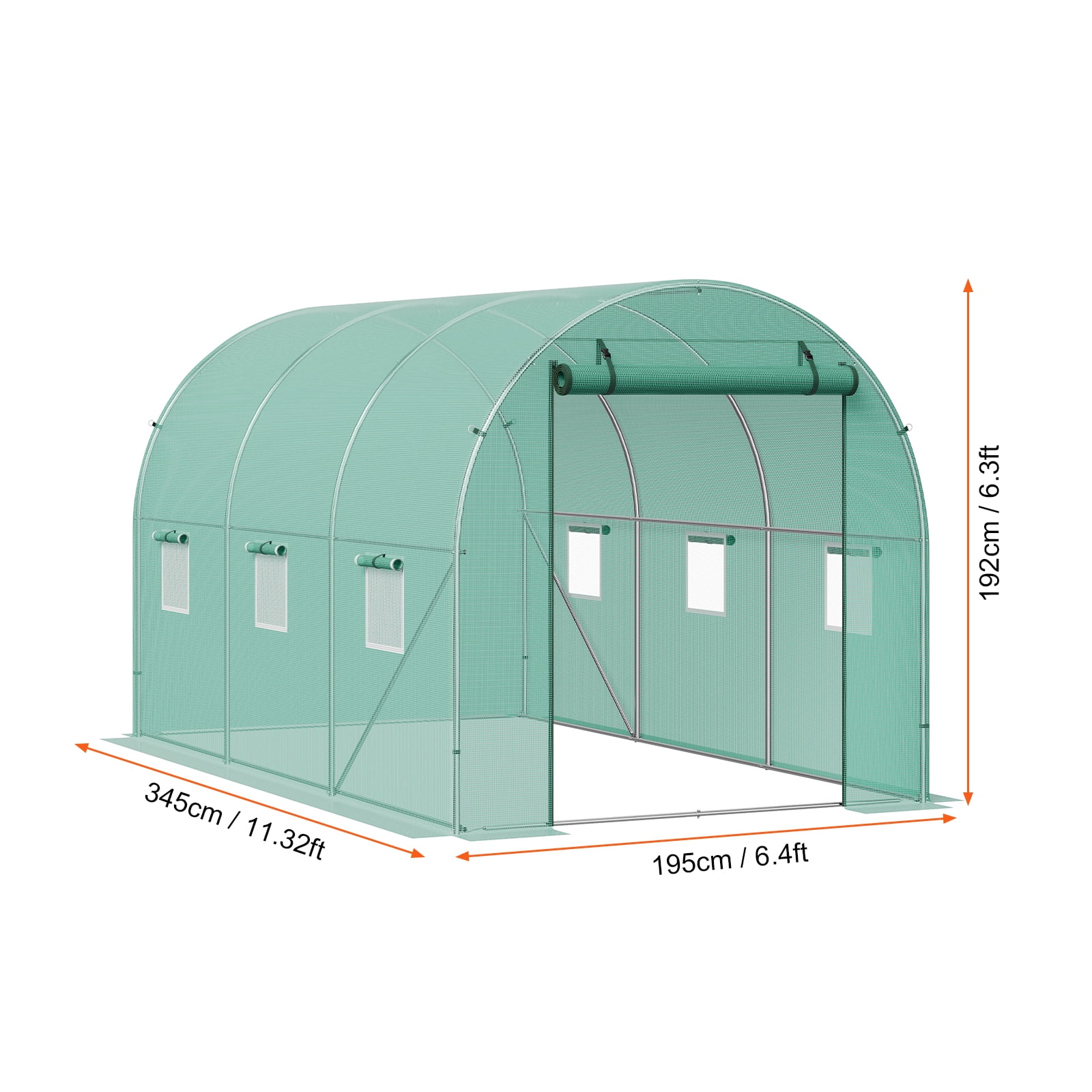 KFFKFF Walk-in Tunnel Greenhouse, 12x7x7 ft, Featuring a Durable Galvanized Steel Frame and Green PE Covering, Equipped with a Roll-up Zipper Door and 6 Ventilation Windows