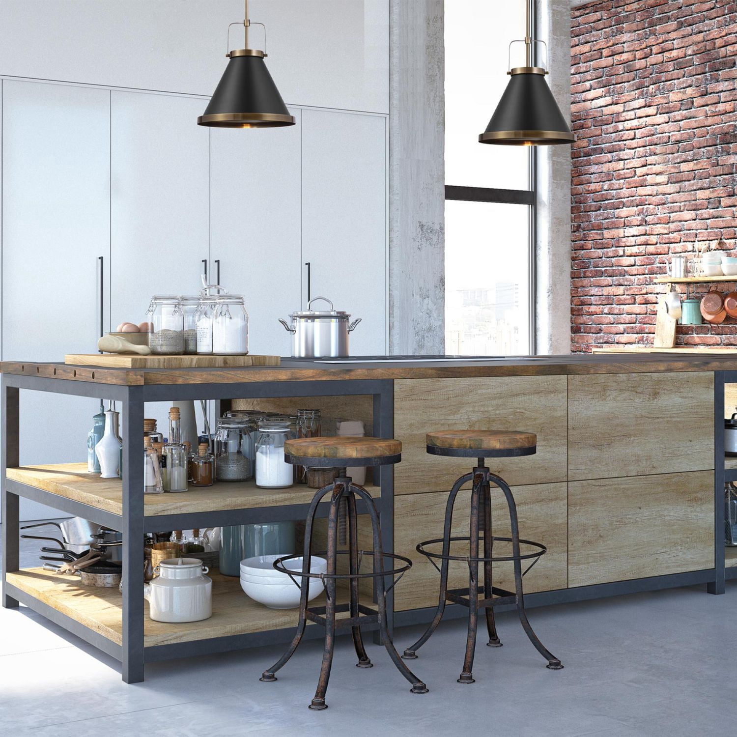 Luminaire suspendu à 1 ampoule Sophia de Novogratz x Globe, noir mat, accents laiton mat