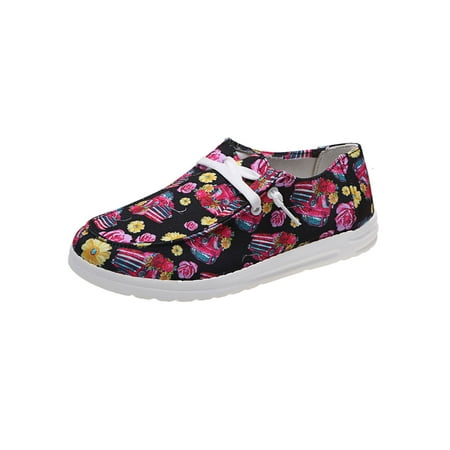 

Daeful Womens Boat Shoes Comfort Flats Slip On Loafers Sports Lightweight Floral Lace Up Canvas Red 10