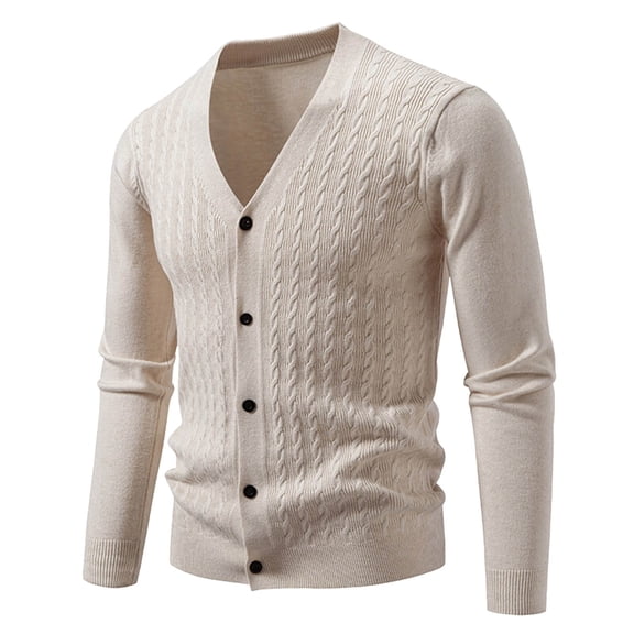JTieacloth Mens Slim Fit Knitted Sweater New Men's V Neck Jacquard Knitted Sweater Jacket(Beige)