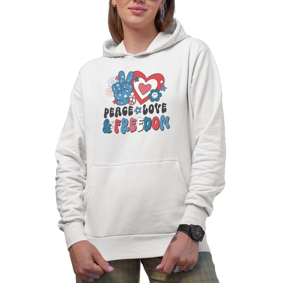 Peace, Love & Freedom, 90s Retro 4th of July Art Merch Gift, White Hooded Sweatshirt or Hoodie, Small