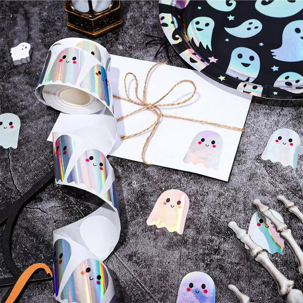 Uuiauoio Halloween Ghost Stickers Roll Laser Cute Ghost Holographic Waterproof Self-Adhesive Sticker Decals for Envelope Journal Decor Party Supplies, 500Pcs