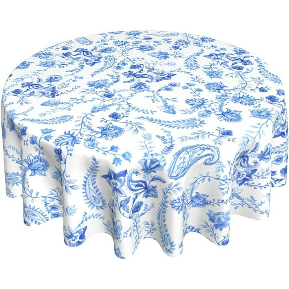 Boho Blue Paisley Print Table Cloth Blue White Floral Round Tablecloth 60 Inch Spring Summer Tablecloth for Parties Dining Table Living Room Kitchen Decor