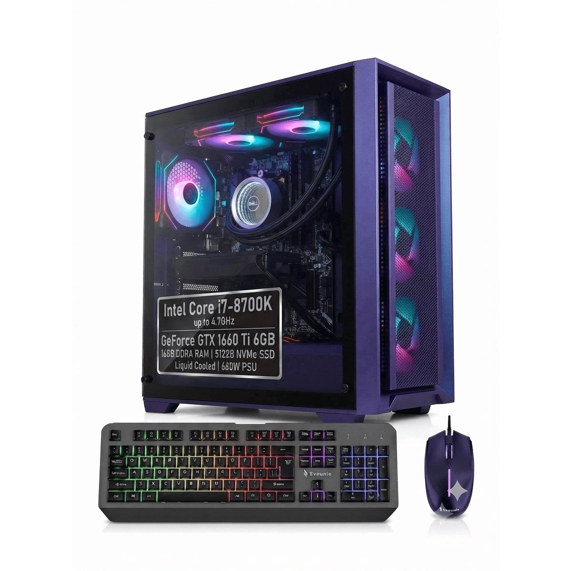 Gaming PC Desktop Computer, Intel Core i7-8700K, GeForce GTX 1660 Ti 6GB, 16GB DDR4, 512GB NVMe SSD, Liquid Cooling, WiFi 6, Bluetooth 5.4, Windows 11