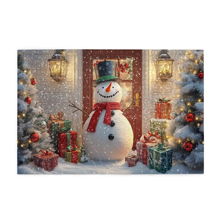 1000 PCS 1000 Piece Wooden Puzzles The snowman at the entrance Wonderful imagination Funny snowman Christmas High difficulty puzzle 1000 Piece That Come Together As One Holiday Image Relax yourself