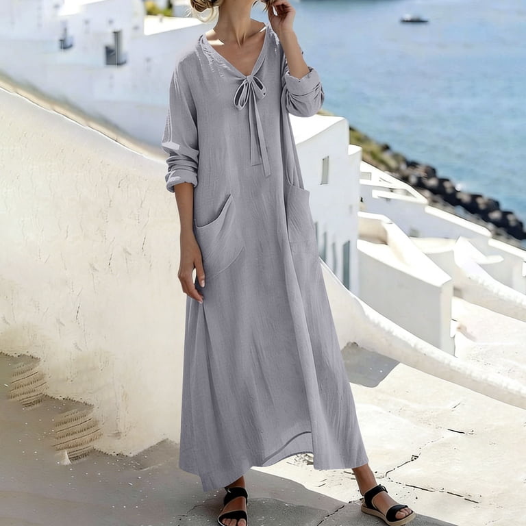 Hduncf Women's Tie Neck Long Sleeve Maxi Dress with Pockets Loose Fit Cotton Linen Casual Plain V Neck Summer Swing Dress Gray XXXL