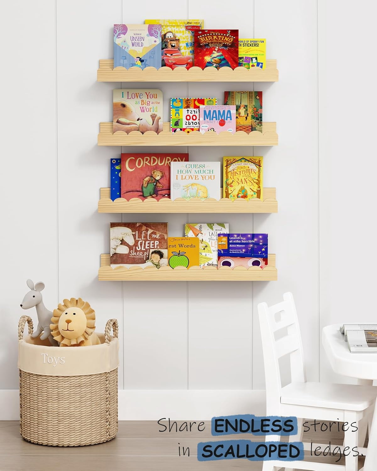 Scalloped Nursery Bookshelf Wall Mounted 4-Pack, Natural Wood Floating Book Shelves for Wall, Cloud Wall Mount Bookshelves for Kids Bedroom, Baby Children Toddler Room (Natural Pine Wood)