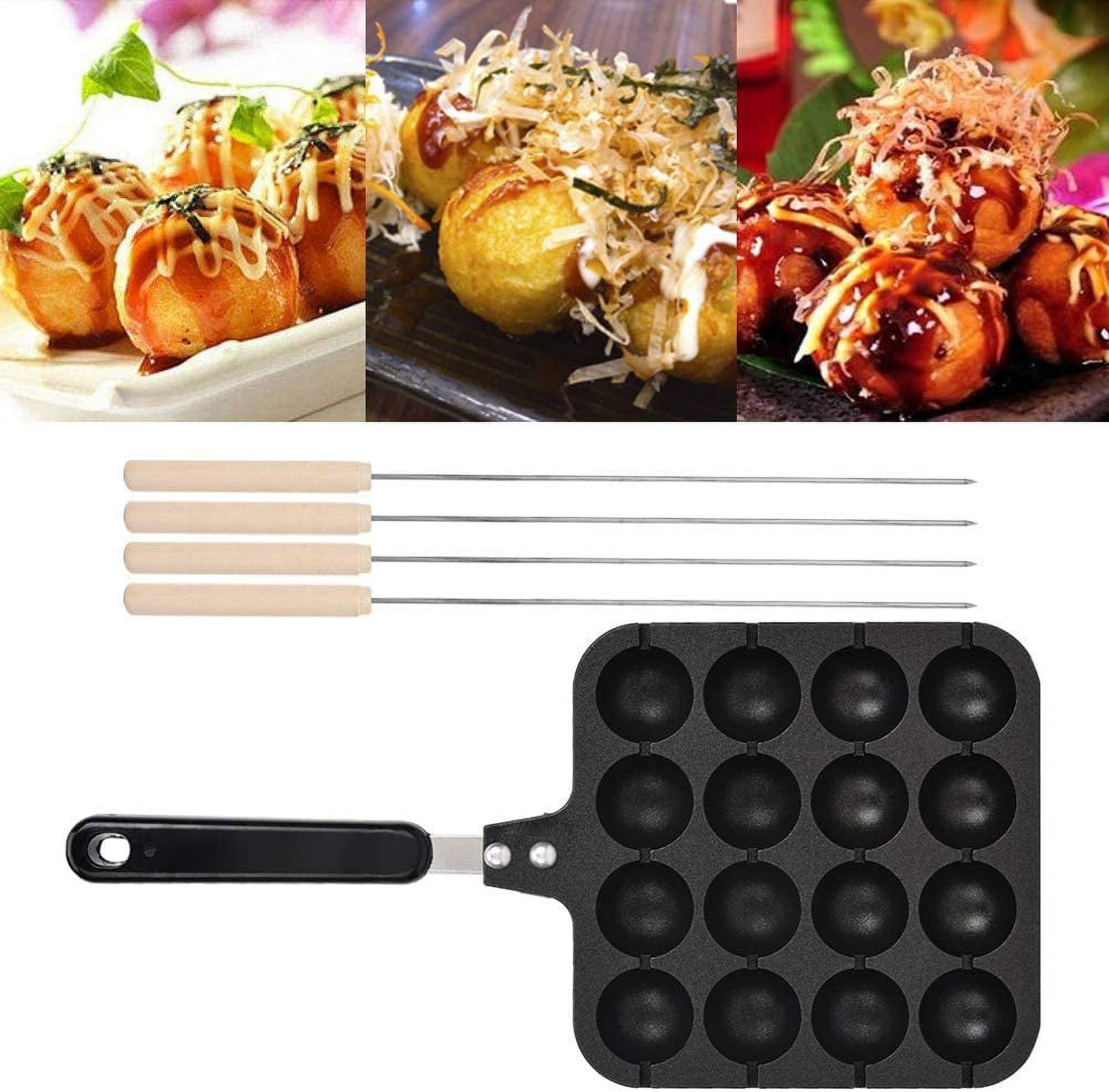 Takoyaki Grill Pan，Takoyaki Pan with Handle Takoyaki Grill Pan Non-Stick Takoyaki Grill Pan Plate Baking Pan Tray Octopus Pellets Mold Takoyaki Pan 16 Holes，4 Baking Needles