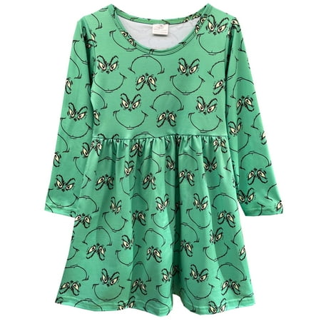 

Baby Girls Merry Christmas Dress Grinch Family Winter Christmas New Year Kids Long Sleeve Ruffles Dress
