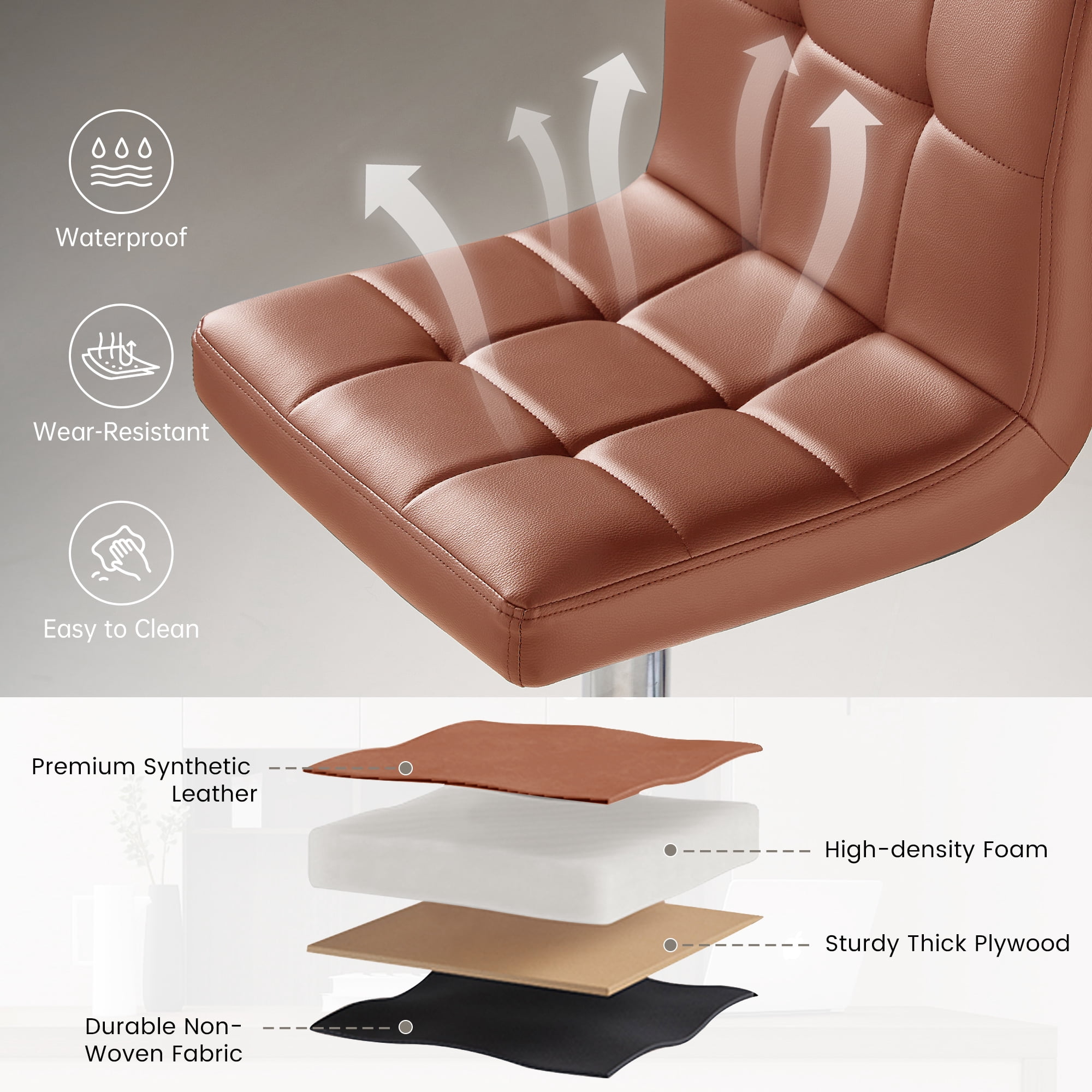 SAETSFEG Bar Stools, Thickened Seat Cushion Adjustable Swivel Bar Stool with Backrest, Counter Height PU Leather Bar Chairs for Kitchen Island, Dining Room, Brown