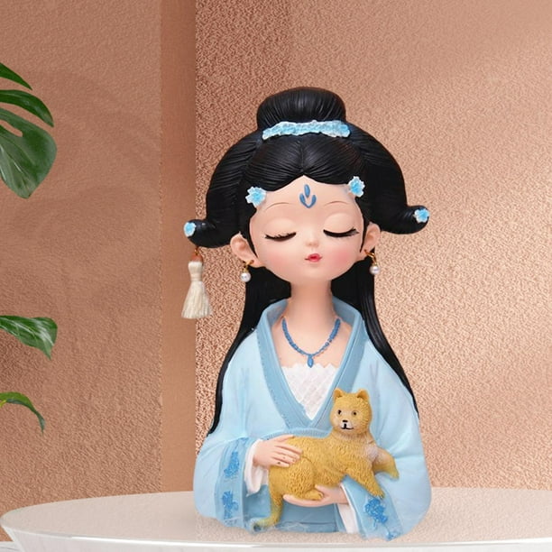 Muñeca de Niña Antigua China de 6,7 Pulgadas, Estatua de Niña Hanfu, Figura Coleccionable de Barra Hecha a Mano, Geisha Asiática de Oficina de Resina, , Gato Macarena muñeca china