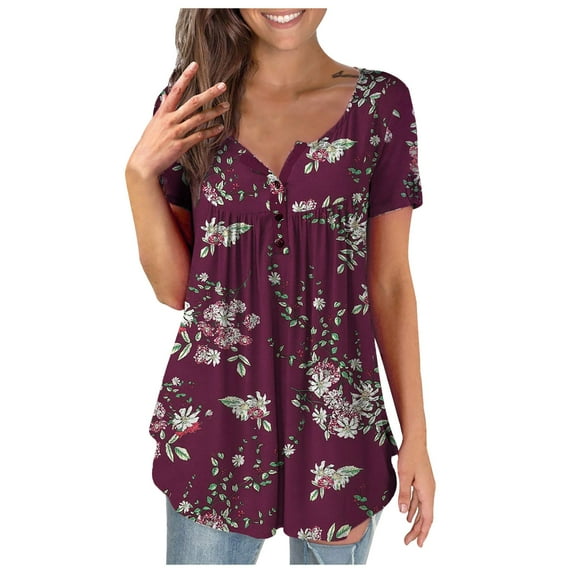 Giftesty Women Printed Casual V-Neck Short Sleeve Loose T-Shirt Blouse Tops