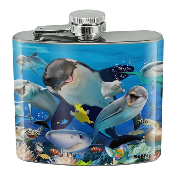 Underwater Ocean Selfie Orca Shark Dolphin Sea Turtle Coral Stainless Steel 5oz Hip Drink Kidney Flask