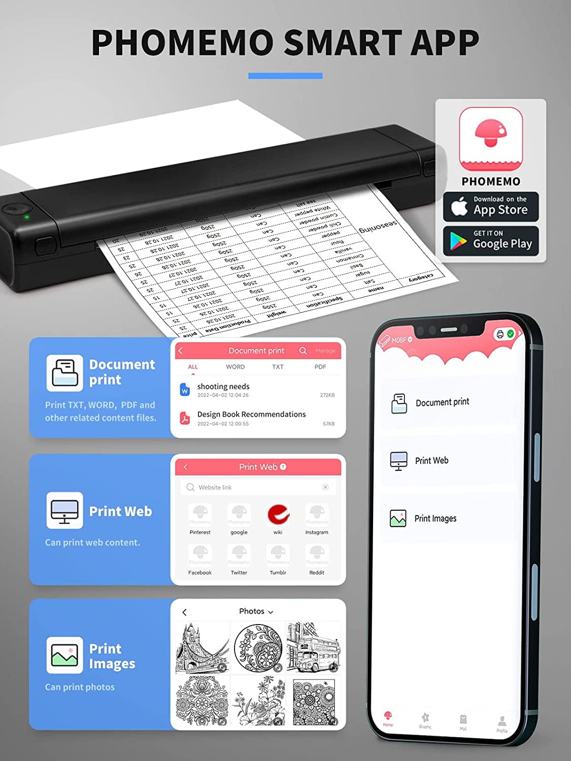 Phomemo M08F Portable Printer Wireless Thermal Printer for Travel, Support 8.5" X 11" Thermal Paper, Bluetooth Inkless Printer Compatible with Android iOS Phone & Laptop（Black）