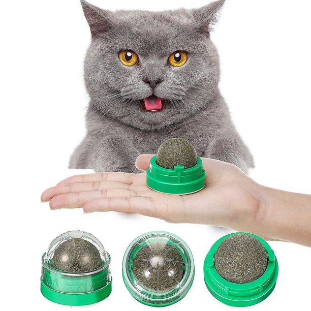 4 piezas Bolas de hierba gatera para gatos de interior, bolas de hierba gatera autoadhesivas giratorias, comestibles, para lamer