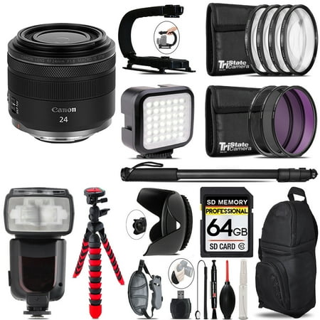 Canon RF 24mm f/1.8 Macro IS STM Lens - Video Kit + Pro Flash - 64GB Accessory Bundle