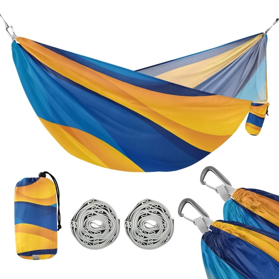 Portable Camping Hammock 300lb Capacity Single Travel Hammock Foldable Design for Backpacking, Hiking, Travel Blue and Yellow Background
