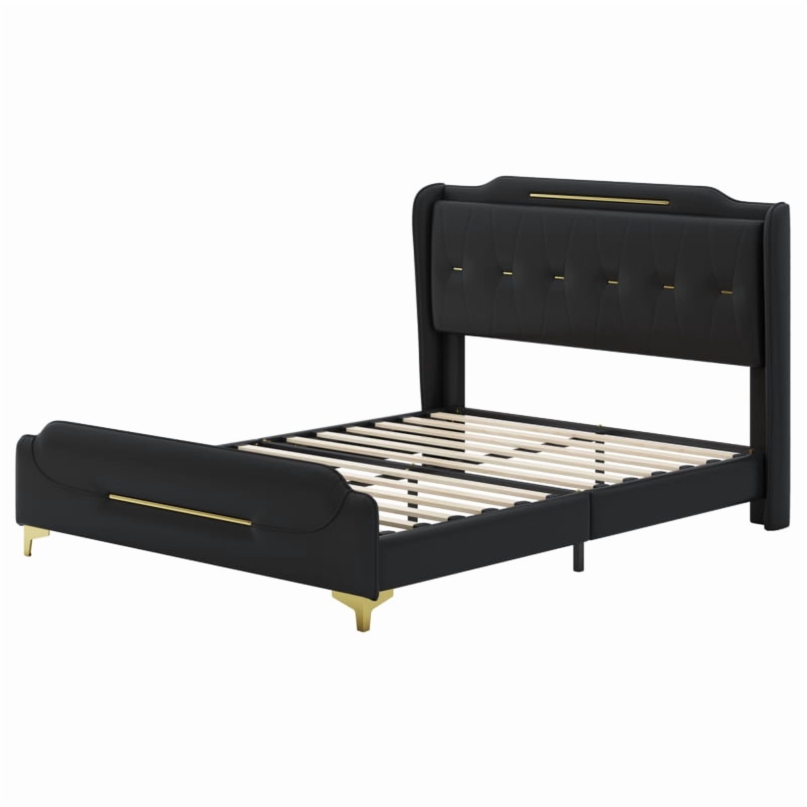 [Luckynote]Queen Size Leather Bed frame with Wingback Headboard & Footboard, PU Upholstered Platform bed, Solid Wooden Slats Support, Easy Assembly