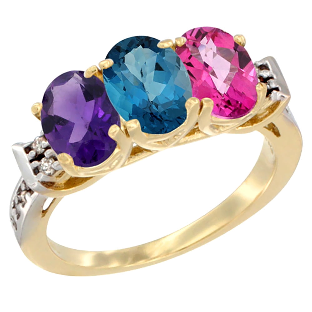 10K Yellow Gold Natural Amethyst, London Blue Topaz & Pink Topaz Ring 3-Stone Oval 7x5 mm Diamond Accent, sizes 5 10 by WorldJewels