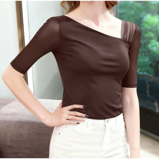 Tejiojio Women's Sheer Mesh Top Asymmetrical Neckline Half-Sleeve Casual Elegant Blouse