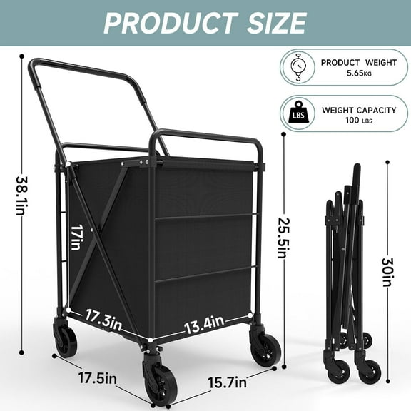 Folding Shopping Cart for Groceries, Grocery Cart on Wheels, 360 °   Rolling Swivel Wheels Portable Heavy Duty Utility Cart for Shopping, Grocery, Laundry (X-Large)