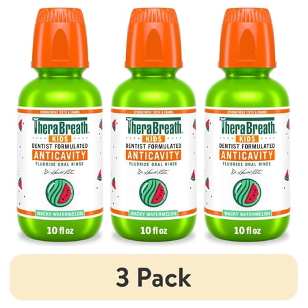 (3 pack) TheraBreath Kids Mouthwash with Fluoride, Organic Wacky Watermelon, Anticavity, 10 fl oz