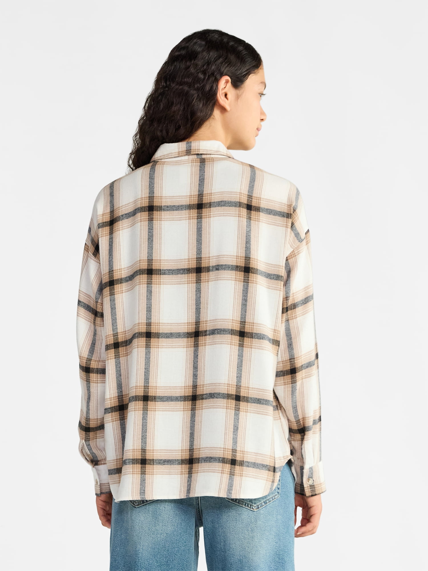 No Boundaries Slouchy Flannel Shirt with Side Pockets, Women's