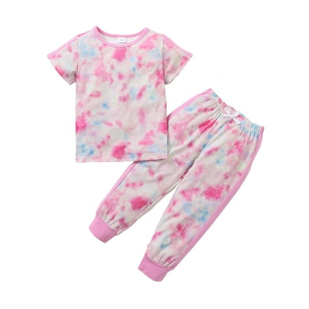 

UPAIRC Baby Kids Girls Summer Short Sleeve Tie Dye Print Tops Pants Set Two Pieces Outfits