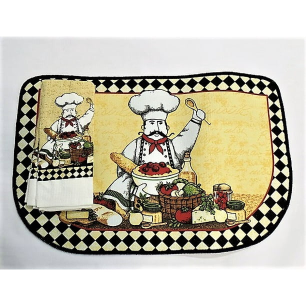 Kitchen Rug Towel Set Chef Themed Mat And Matching Kitchen Rug Towel Set Chef Themed