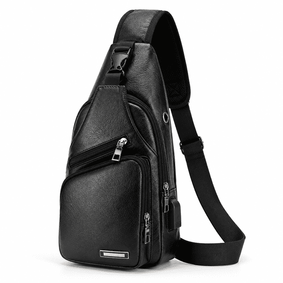Men's USB Charging Waterproof Leather Crossbody Sling Bag,Black