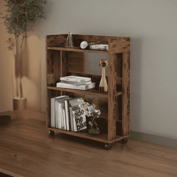 NEWSENDY Bookshelf,Small Bookcase,3-Tier Storage Organizer,Industrial Shelving Unit for Home Office,Living Room,Dormitory,25" H,Retro Brown