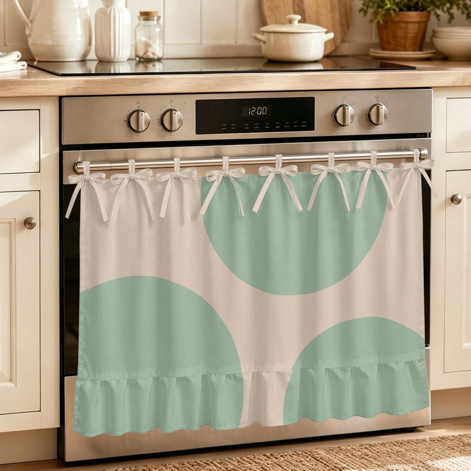 Oven Curtain for Kitchen Rustic Green Circles Stove Curtain With Ruffled Trim Dishwasher Curtains Minimalist round Pattern on Beige Oven Skirt 27 x20