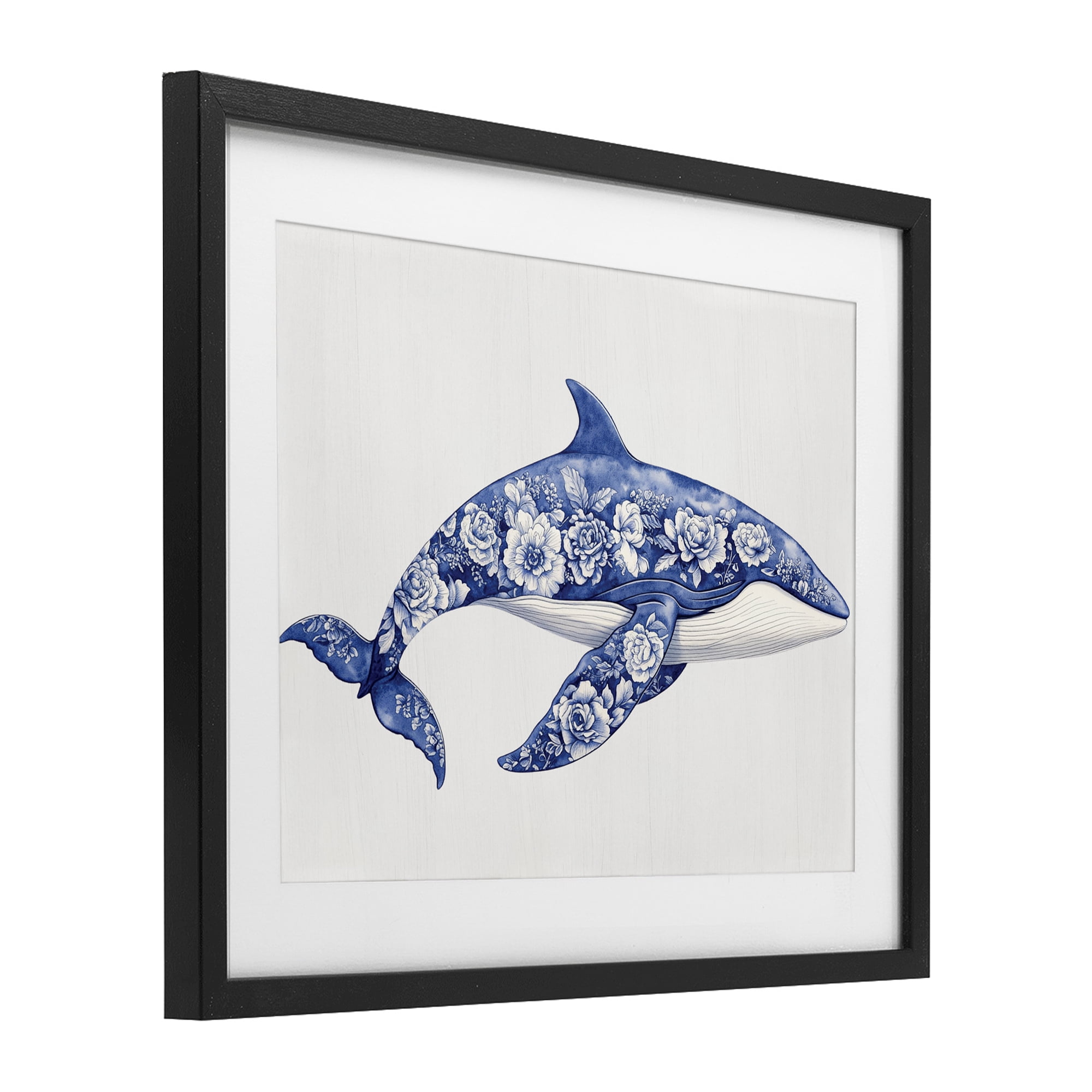 Floral Toile Whale Black Framed Print Under Glass, design by Lettered and Lined