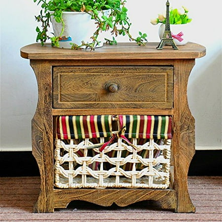 Classic Side Table (DL furniture - Nightstand Classic Countryside Dark Brown Wood - Night Stand Storage bedside table with 1 Vine Weaved Basket & 1 Drawer Real Natural Indus Wood)