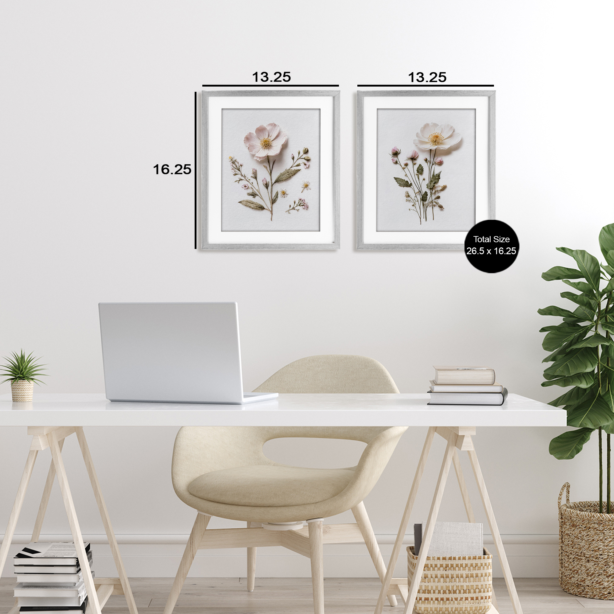 Minimal Pressed Flowers 2 Piece Gray Framed Print Under Glass Set, design by Lettered and Lined