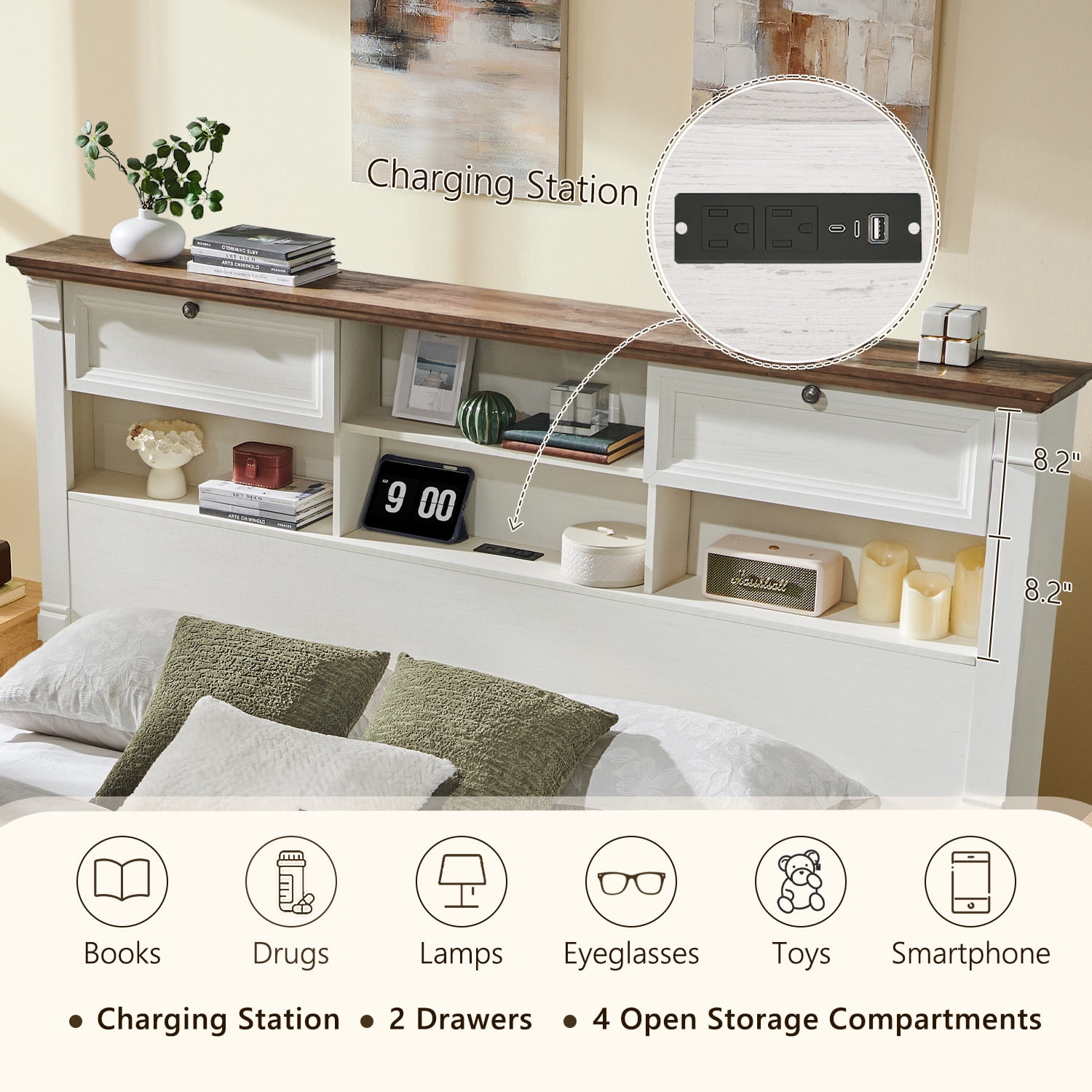 KeyWhat, Farmhouse King Size Bed Frame, White, with Storage